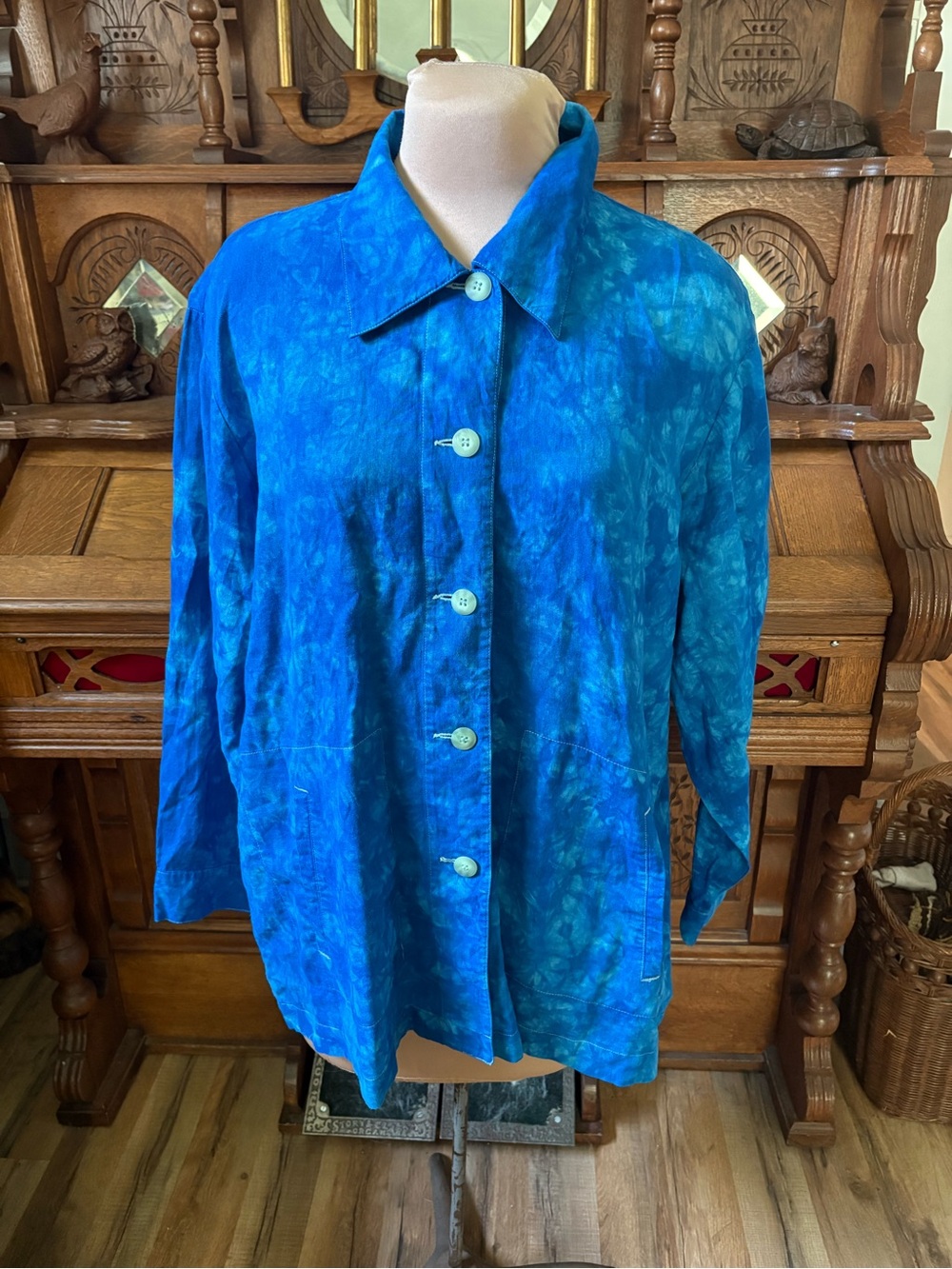 100% Linen Bohemian Blue Tie-Dye Button Front Blouse